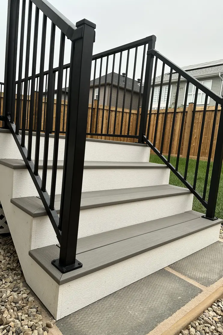 Black aluminum picket railing and composite deck stairs, Edmonton Alberta — TrueBlue Builders Ltd
